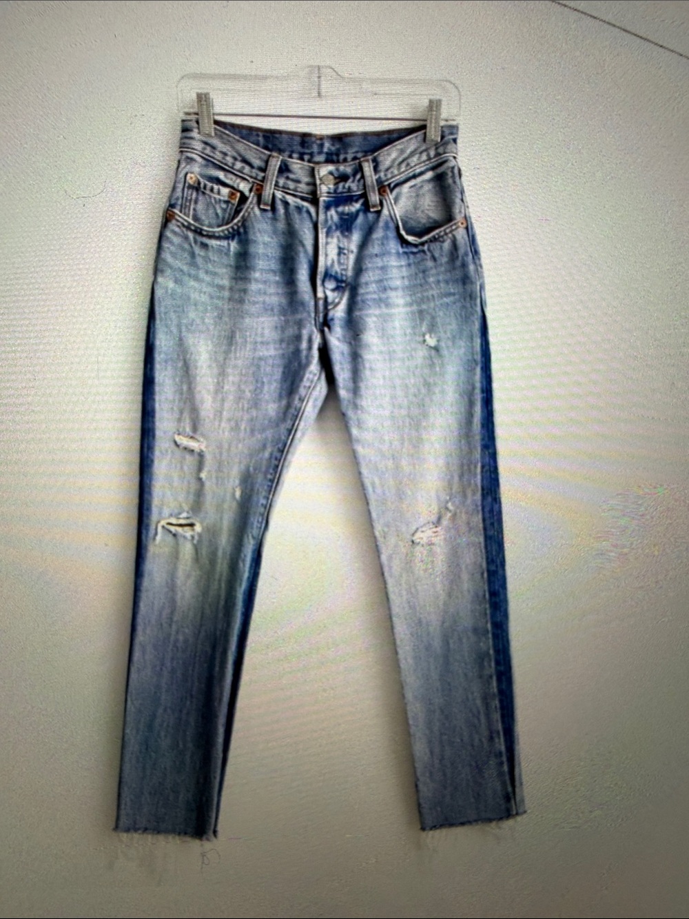 Levi's Two-Tone Light Blue Distressed Boyfriend Jeans - Picture 2 of 5